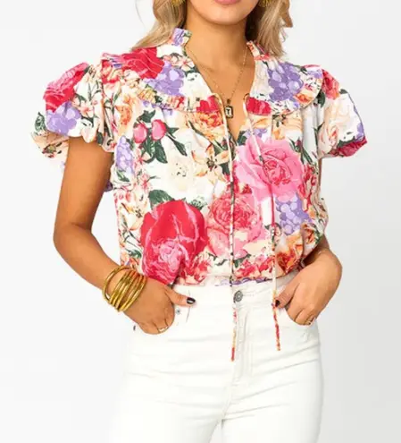 BUDDYLOVE Leeland Floral Ruffle Puff Sleeve Top, Pink, Size L Red Size L