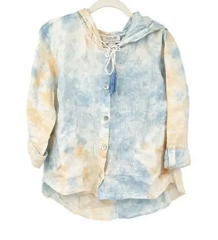 Rachel Zoe  Women Boho Tie Dye 100% Linen Hooded Button Up Shirt Top Size M