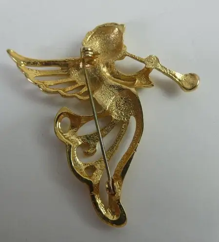 Vintage Gold Tone Stylized Angel Horn Brooch Faith Christian Cherub Filigree Pin