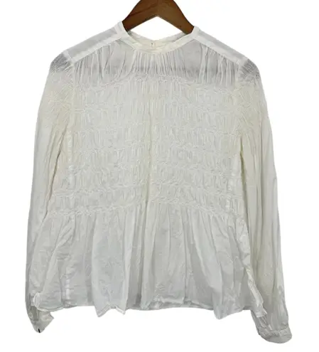 All Saints White Smocked Peplum Blouse Long Sleeve Mock Neck Button Back Cotton