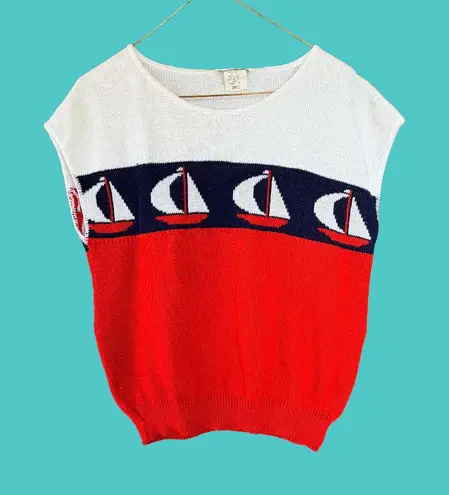 Cambridge Court Vintage Nautical Sailboat Sweater Vest Red White Blue Preppy S
