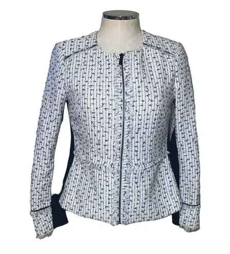 Karl Lagerfeld Paris White Fringe-Trimmed Tweed Zip Up Jacket Size Small