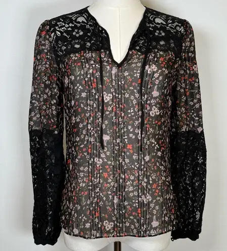 Rebecca Taylor ‘Lyra’ Red Floral Black Lace Pintuck Silk Blouse Women’s Size 00