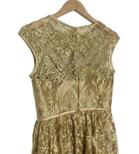 Theia Gold Metallic Guipure Floral Embroidered Party Dress Gown Size 8