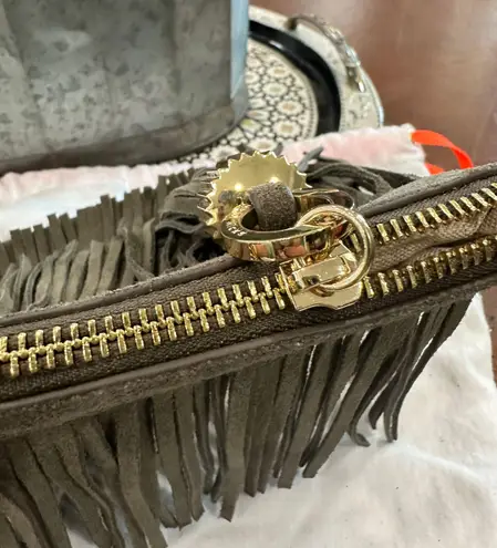 India Hicks Fringed Purse Army Green Suede Clutch w/Tassel London Harbour Island