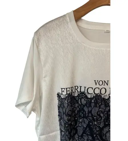 Mujiu T Shirt Women's 2XL White Bach Graphic Print Lace Detail Crew Neck NEW Size 2X