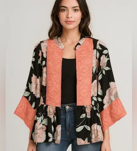 Jaase Pink and Black Floral Print Embroidered Open Front Kimono Top NWT