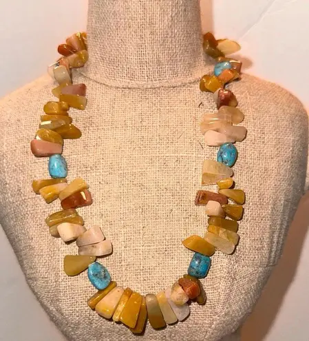 Vintage STERLING SILVER CHUNKY TURQUOISE & AGATE NECKLACE Green