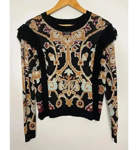 Ronny Kobo Tilda Fringe Sweater size S Black, Tan, Purple Black