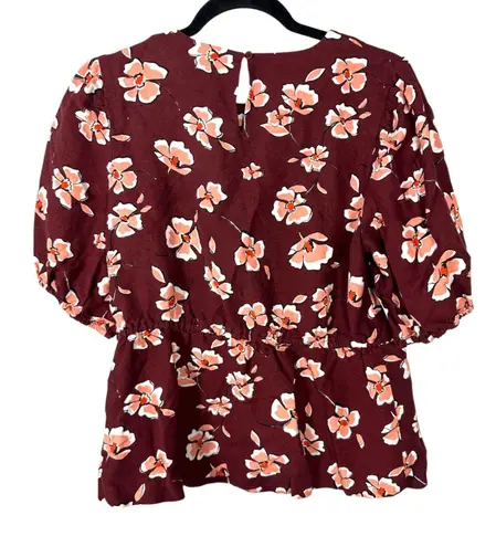 Alfani Linen Floral Burgundy Boho Bohemian Modest High Neck Blouse Size Medium Red