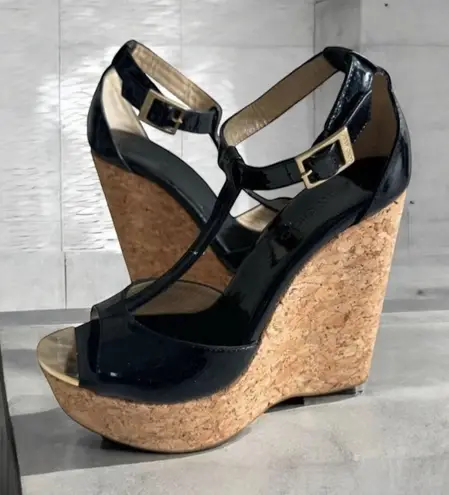 Jimmy Choo Black Patent Leather Cork Wedges Sandals Size 36.5