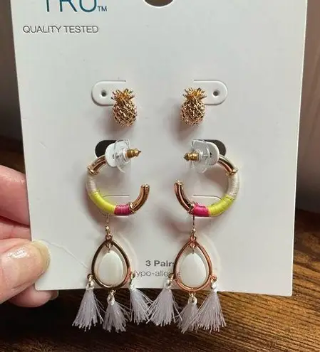 Time and Tru Pineapple Studs and Tassel Earrings and Hoop Earrings Set Gold