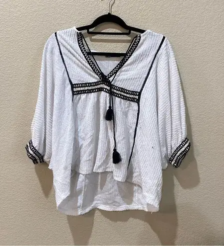 ZARA  White Boho Blouse Cords Tassels Cotton Size Medium