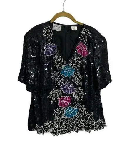 American Vintage Vintage Stenay Silk Floral Black Sequin All Over Shoulder Pad Shirt Large