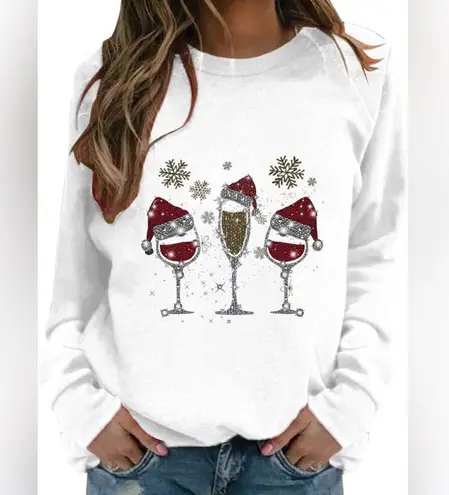 Holiday Fleece Cream Pullover Sweater Women's Sequin Wine Champagne Glass NWT L Size L