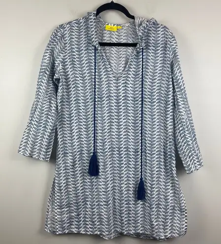 Roller Rabbit Cover-Up Women's XS White Blue Printed Tassel-Tie Hooded Swimwear