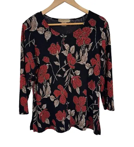Notations Vintage Top Womens XL Black Red Flower Whimsigoth Vamp Fall Textured
