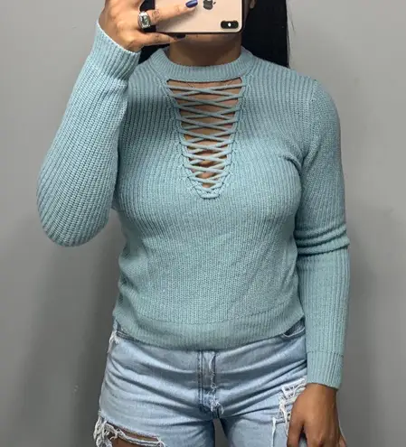 Poof New York Boho V Neck Lace Up Sweater SZ S