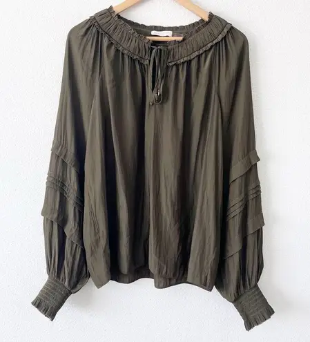 Ramy Brook Merry Ruffle Smocked Split Tie Neck Blouse Top in Olive Green