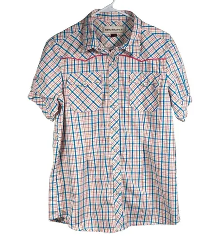Bit And Bridle Shirt Women's Size M Western Pearl Snap Plaid Short Sleeve Size M