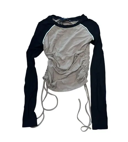 Cider Womens XXS Ruched Long Sleeve Top Black Beige Casual Tee Shirt NWOT