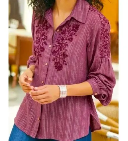 Soft Surroundings Peralta Plum Embroidered Metallic Tinsel Button Down Blouse M