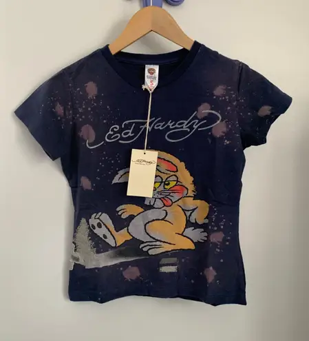 Ed Hardy Small NEW Navy Rabbit Print Baby Tee Grey Splattered Y2K Deadstock