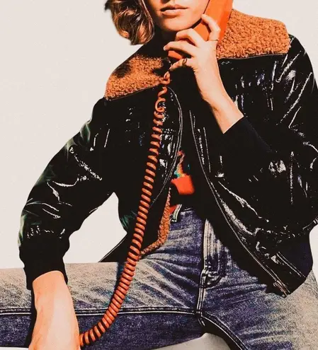 MOTHER “The Pilot” Don’t Crash Patent Faux Leather Bomber Jacket – Size Small Black