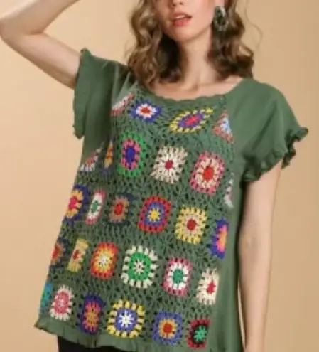 Umgee  Linen Blend Top with Colorful Granny Square Front NWT-XL thumbnail 1