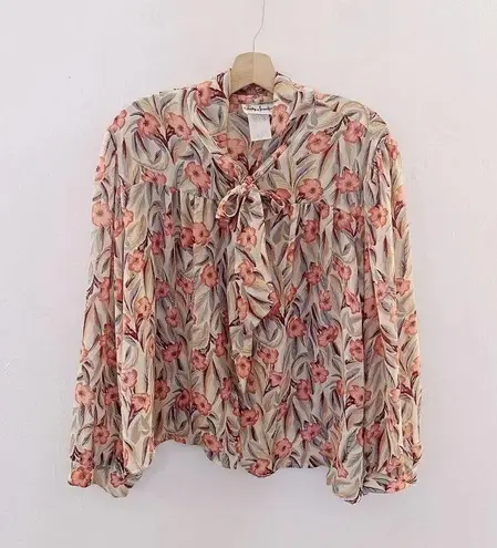 Vintage Lady Jennifer Ascot Bow Blouse Long Sleeve Floral Hawaiian Blue Size M