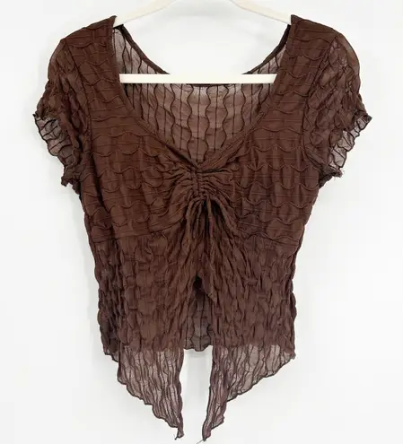 Womens Y2K Fairycore Fairy Grunge Sheer Textured Ruched Front Top Size XL Brown