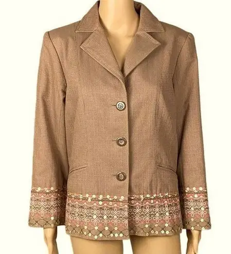 VICTOR COSTA “OCCASION” light Brown blazer w/embroidery and sequins. Medium. EUC