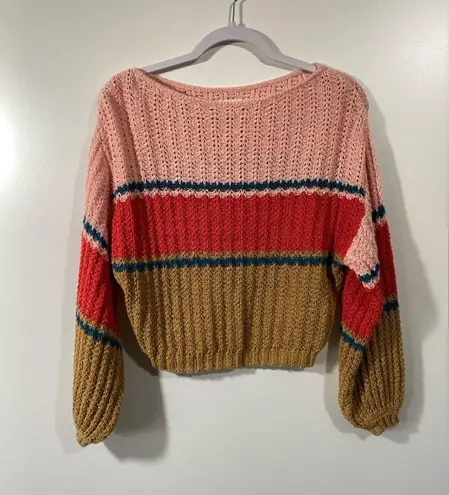 Billabong Open Knit Sweater size small Colorblock Red Pink Brown