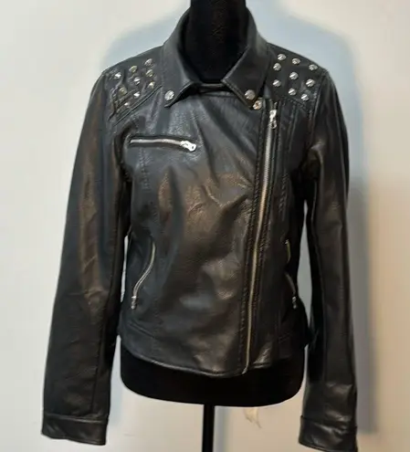 Miss London Faux Leather Jacket Black Size Med Zipper Pockets Biker Moto