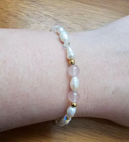 Freshwater Pearl Rose Quartz Gold color Bead Aurora Borealis AB Crystal Bracelet Pink