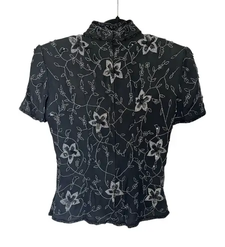 Papell Boutique top women’s size Medium black Indian beaded silk floral VTG 80