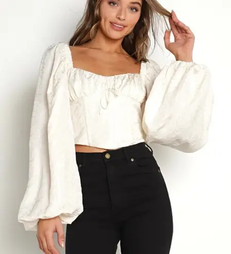 For Love & Lemons Janet Crop Corset Top Ivory White Puff Sleeve Square Neck XS
