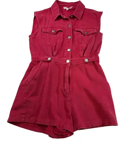 Day Moon Red Denim Romper Small Button Front Sleeveless Pockets Casual