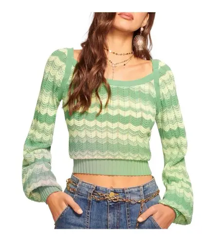 Ramy Brook Briar Cropped Sweater Size XL Green 100% Cotton Wave Knit Square Neck