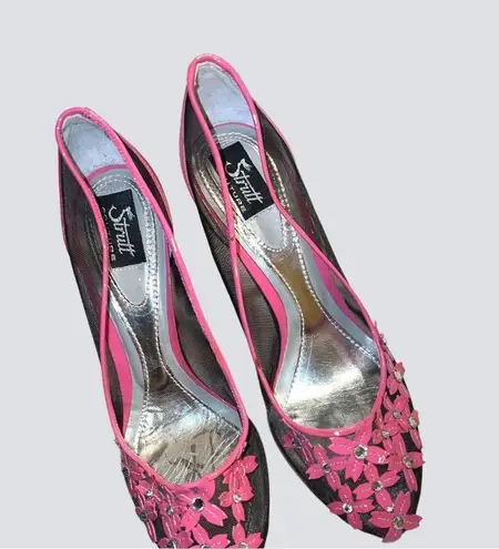 Stuart Couture gorgeous unique pink patten leather heels with black mesh… Size 6.5
