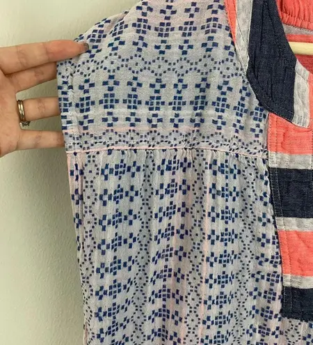 Sundry Coral Pink Blue Grey Colorblock Stitch Geo-Stripe Tunic Top NEW