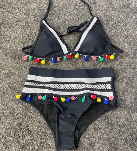 Boutique black Pom Pom meshed high waisted swimsuits