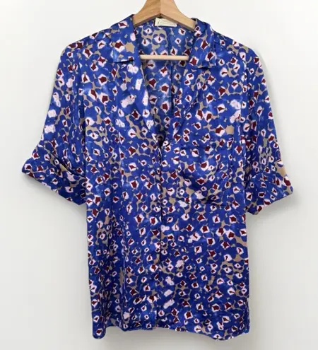 Open Edit Womens Button Up Shirt Blue Multi Abstract Cuffed Sleeve Print Size XS - Image 1