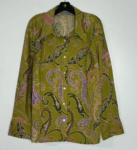 Kate Hill Cotton Blend Paisley Button-Up Boho Long Sleeve Blouse Women's 22W