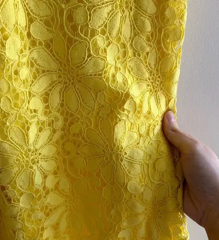 London Times Yellow Floral Sheath Dress, Crochet Lace Ruffle Dress, Size 10