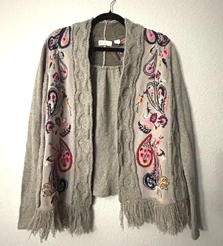 Anthropologie Sleeping on Snow Anthropologie Cardigan Size XS Embroidered Fringe Gray