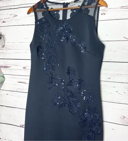 Tahari Black Sleeveless Midi Cocktail Dress Sequin Flowers Size 8 Medium
