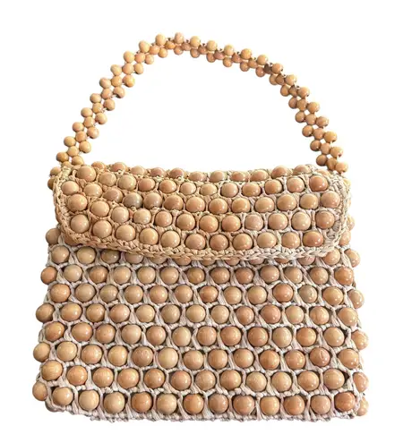 Vintage Beaded Handbag Natural Wood Raffia Woven Made in Japan Brown BOHO Retro Tan
