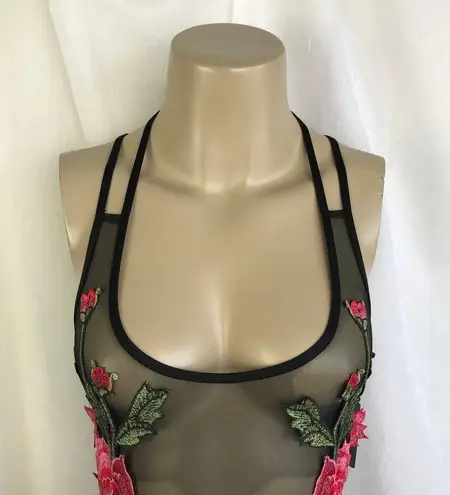 🌸 Black Sheer Mesh Strappy Bodysuit Pink Green Embroidered Flower Appliqués MED
