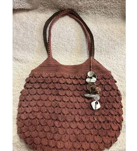 Stone Mountain Women Handbag Brown Rust Knit Crocheted Boho Purse Ornate Dangles